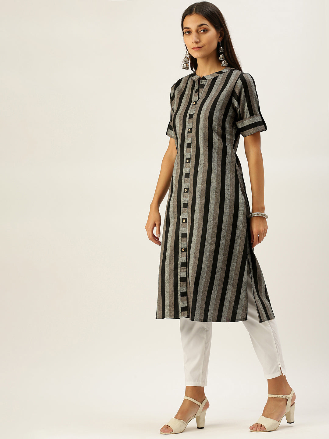 Vedic Women Black  Grey Striped Pure Cotton Kurta