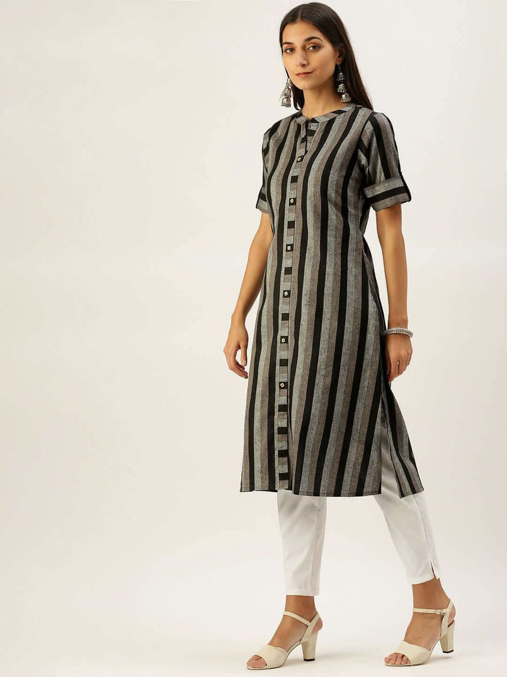 Vedic Women Black Grey Striped Pure Cotton Kurta - Vedic Apparel Private Limited