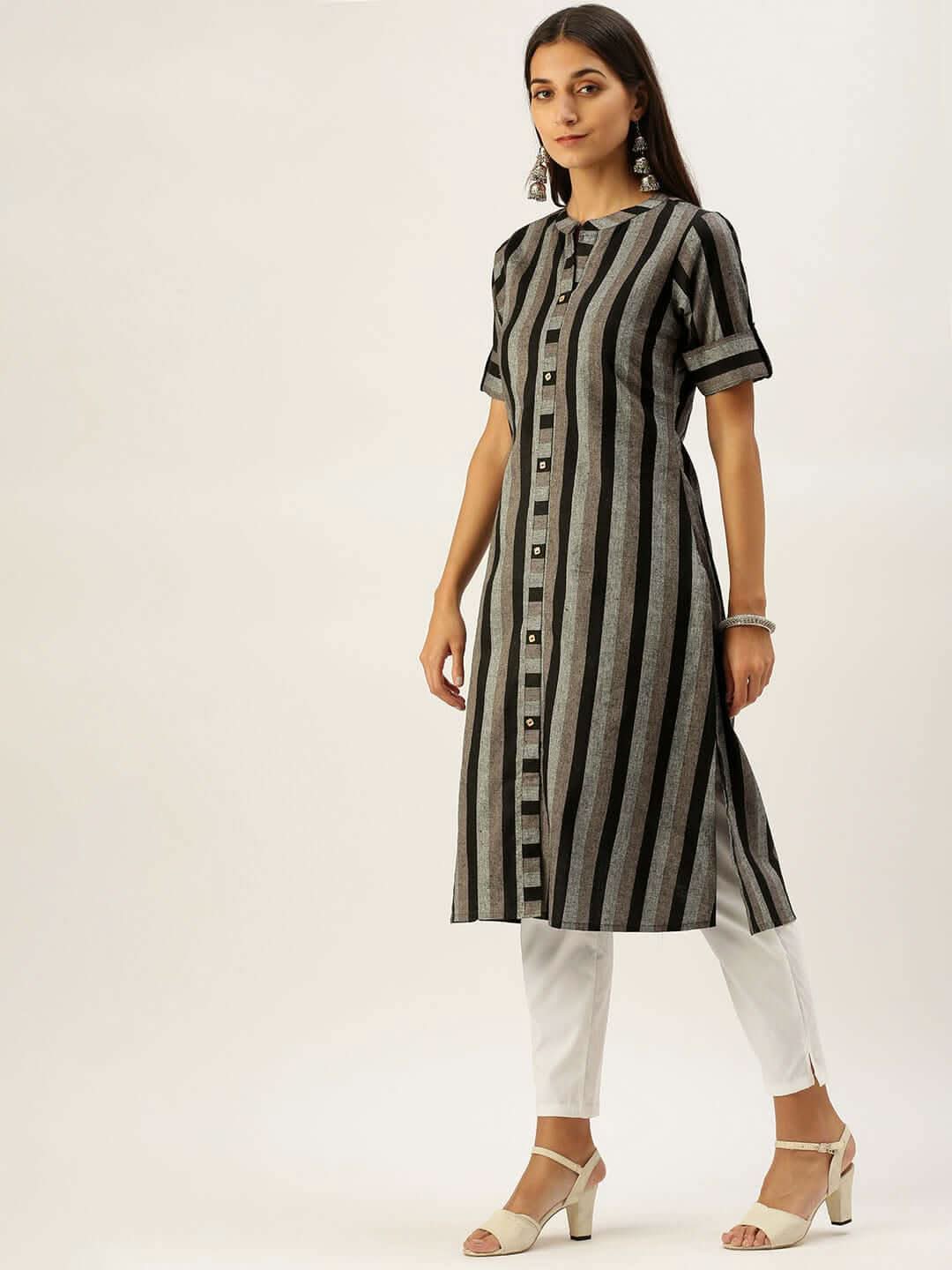 Vedic Women Black Grey Striped Pure Cotton Kurta - Vedic Apparel Private Limited