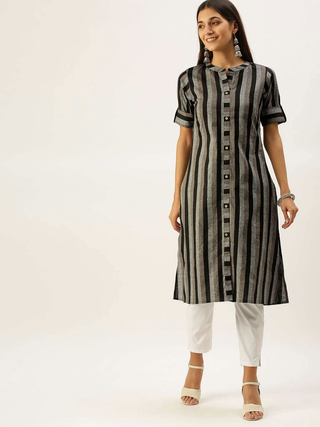 Vedic Women Black Grey Striped Pure Cotton Kurta - Vedic Apparel Private Limited