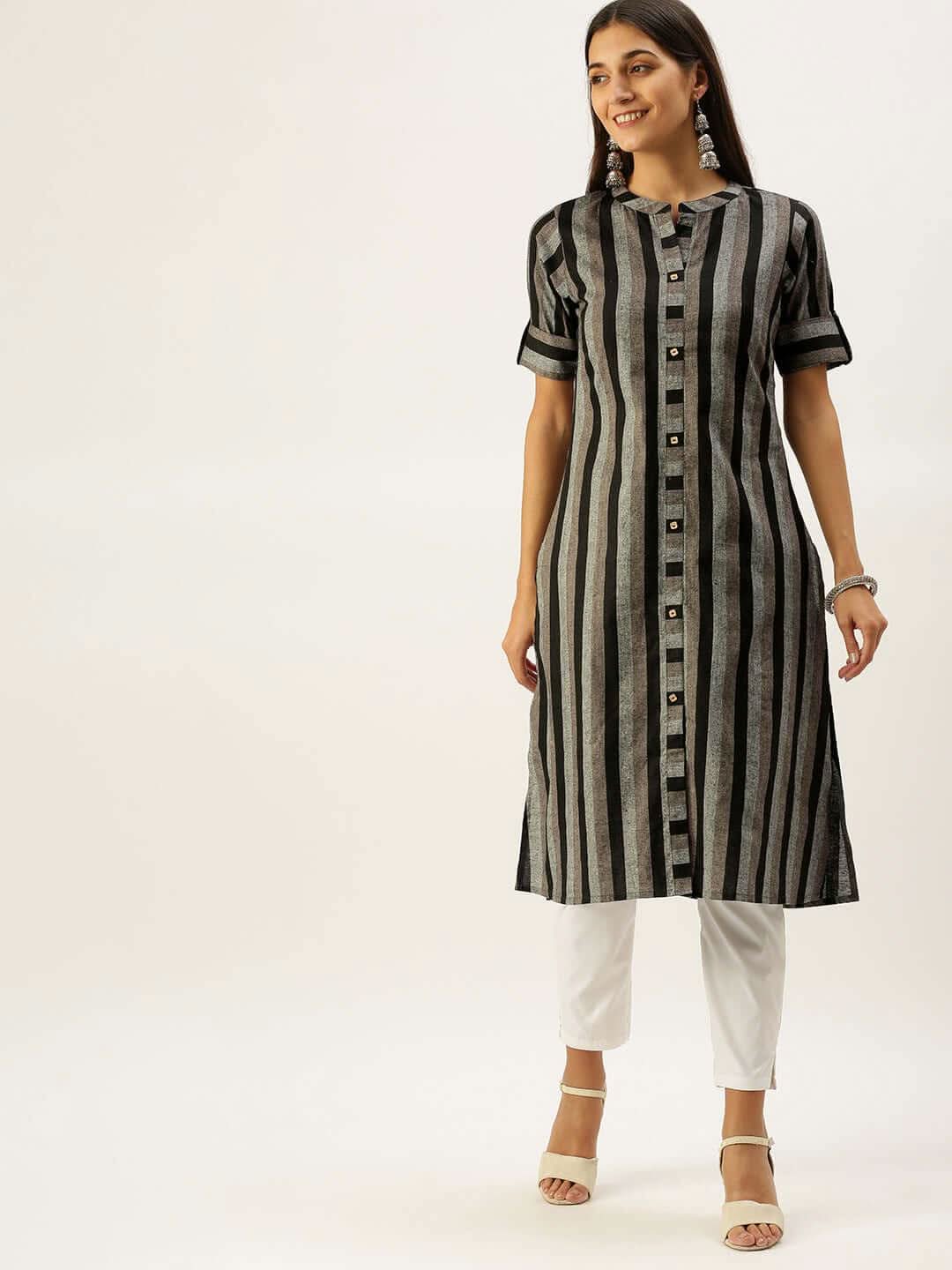 Vedic Women Black Grey Striped Pure Cotton Kurta - Vedic Apparel Private Limited