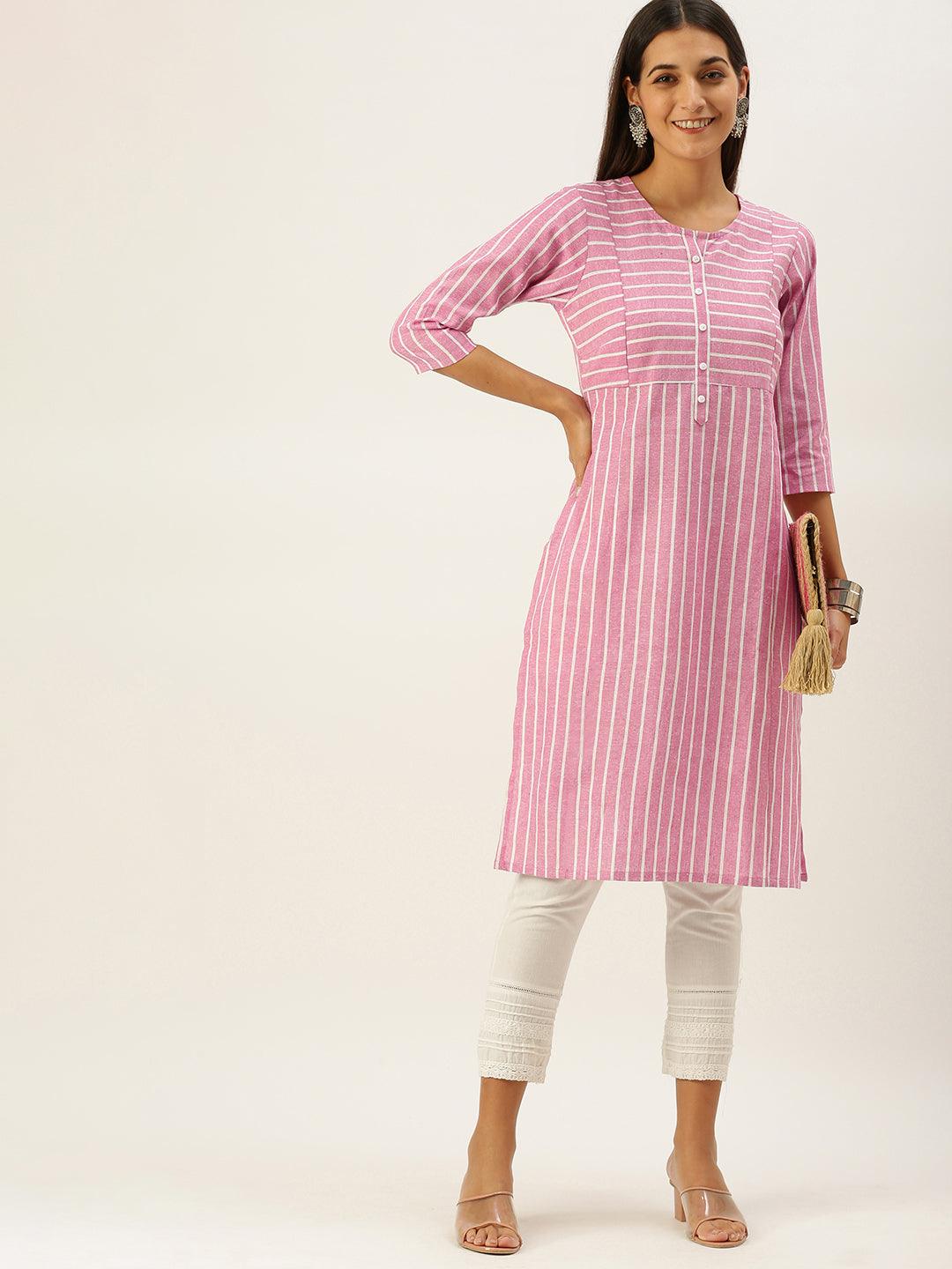 Vedic Women Pink  White Striped Cotton Kurta - Vedic Apparel Private Limited