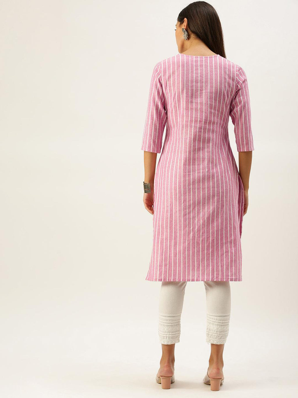 Vedic Women Pink  White Striped Cotton Kurta - Vedic Apparel Private Limited