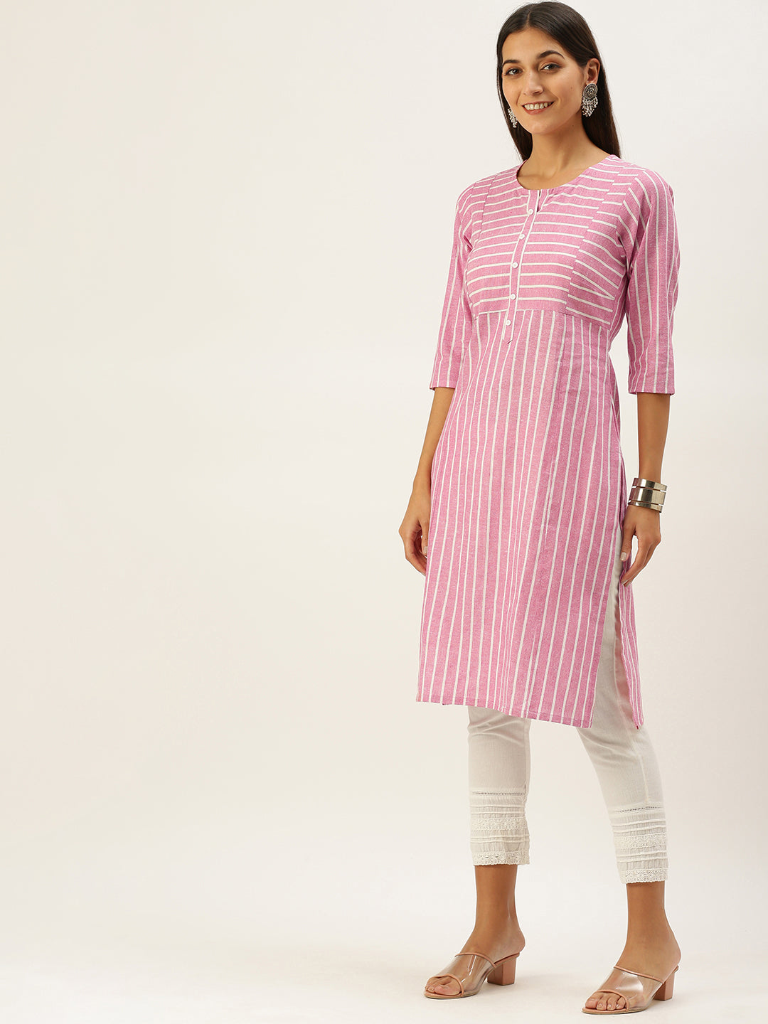 Vedic Women Pink  White Striped Cotton Kurta