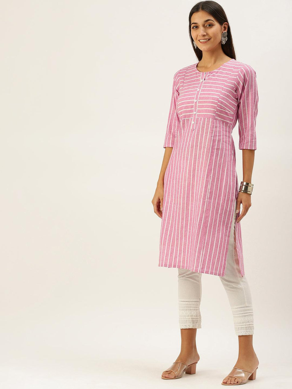 Vedic Women Pink  White Striped Cotton Kurta - Vedic Apparel Private Limited