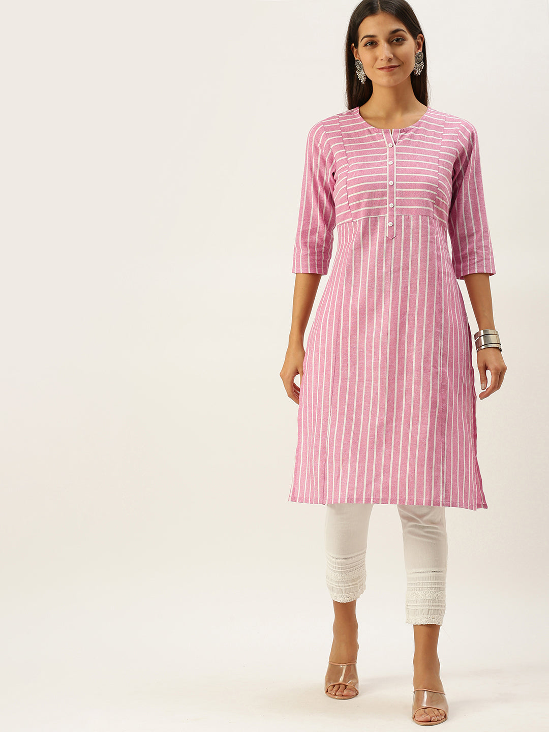 Vedic Women Pink  White Striped Cotton Kurta