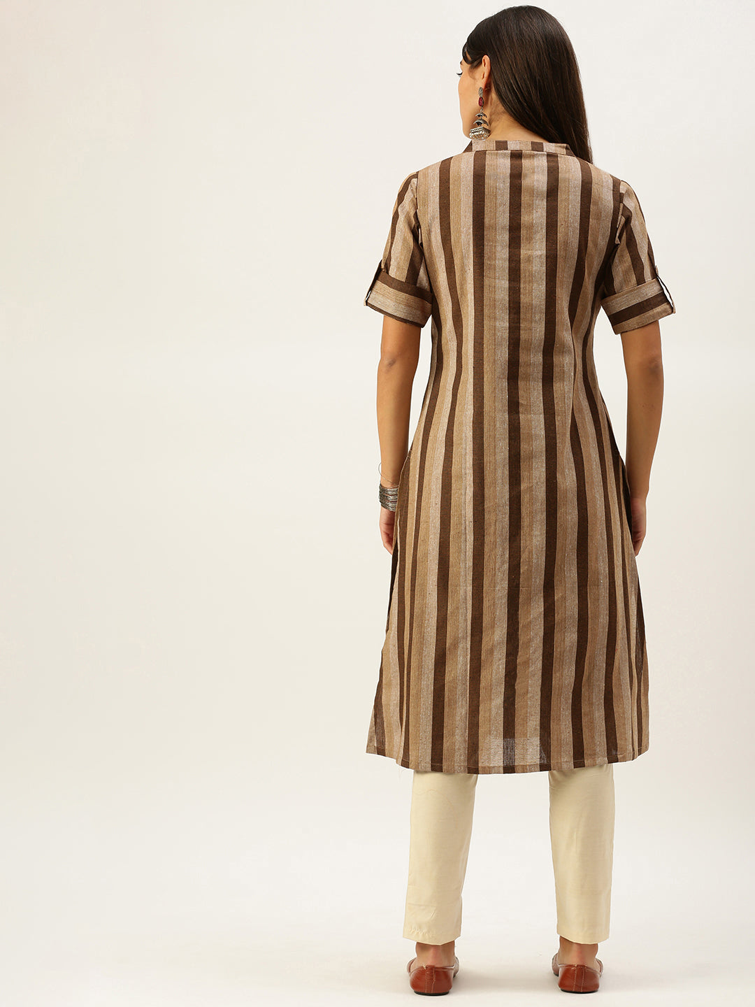Vedic Women Brown Striped Cotton Kurta