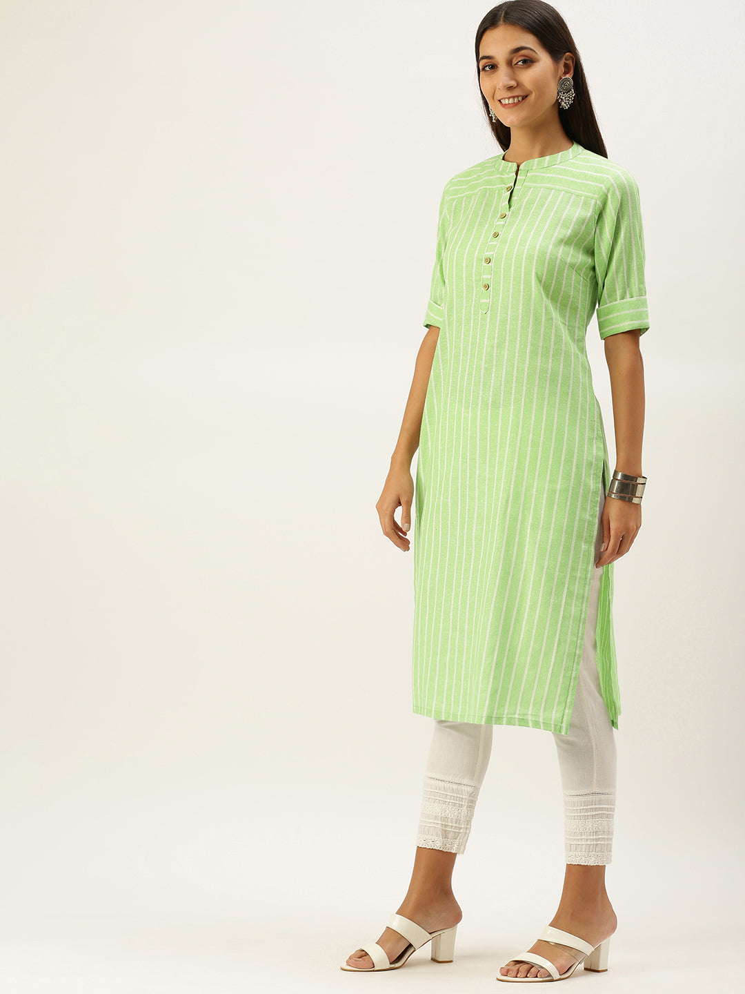 Vedic Women Green  White Striped Pure Cotton Kurta