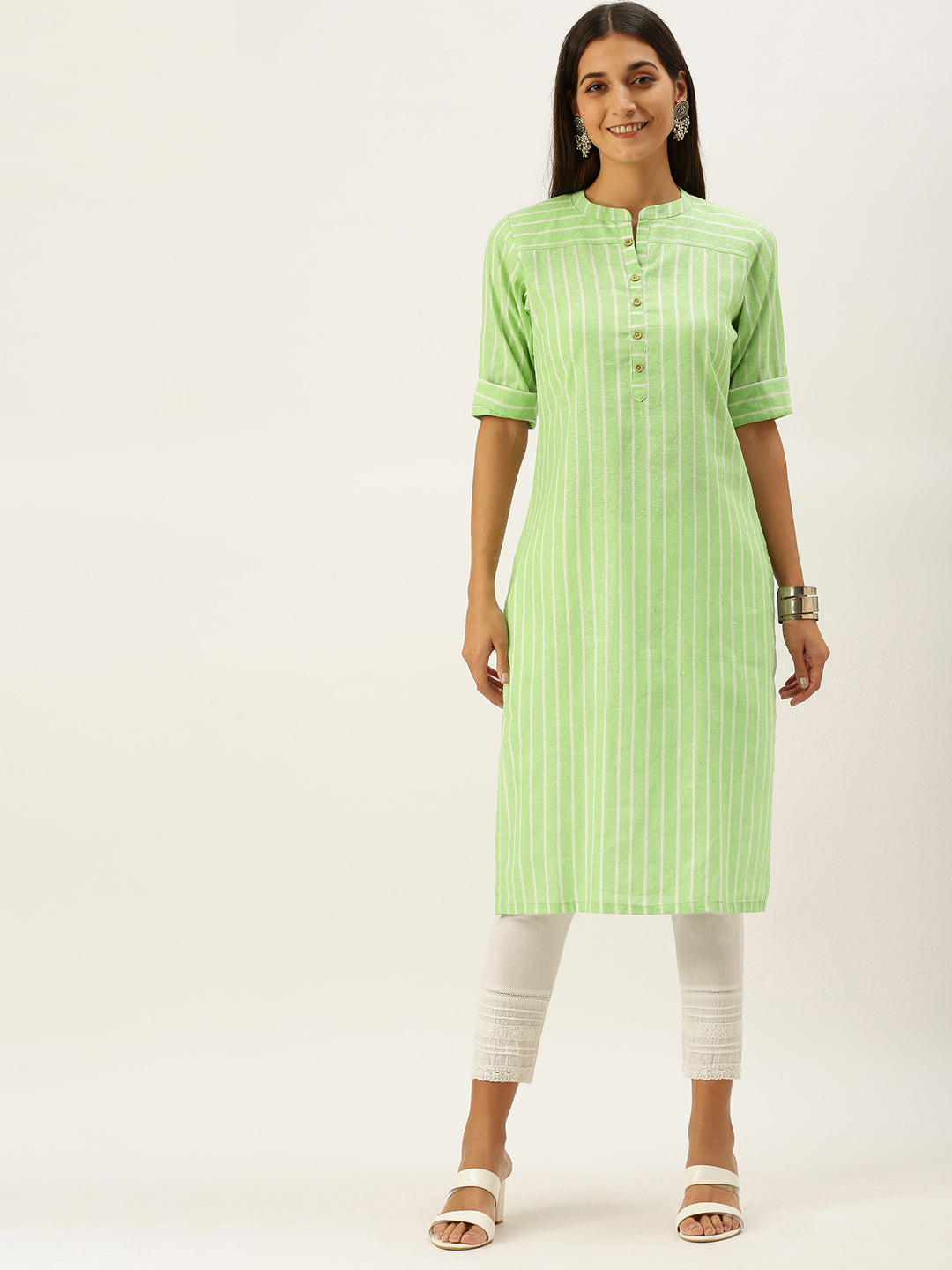 Vedic Women Green  White Striped Pure Cotton Kurta