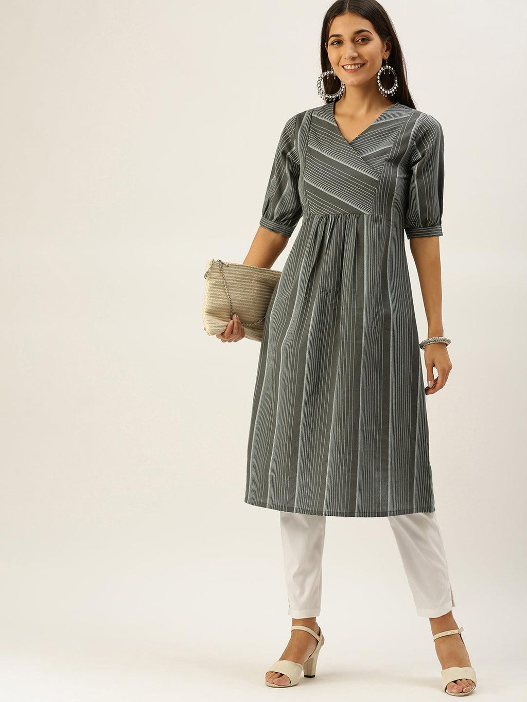 Vedic Women Grey Striped Kurta - Vedic Apparel Private Limited