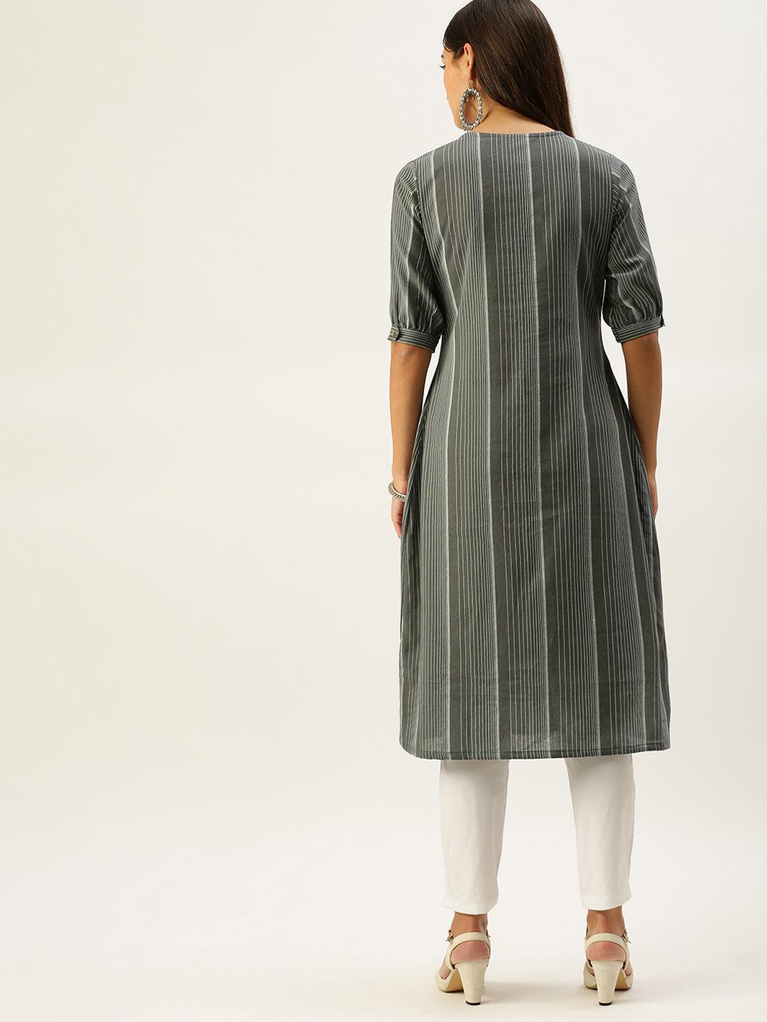 Vedic Women Grey Striped Kurta - Vedic Apparel Private Limited