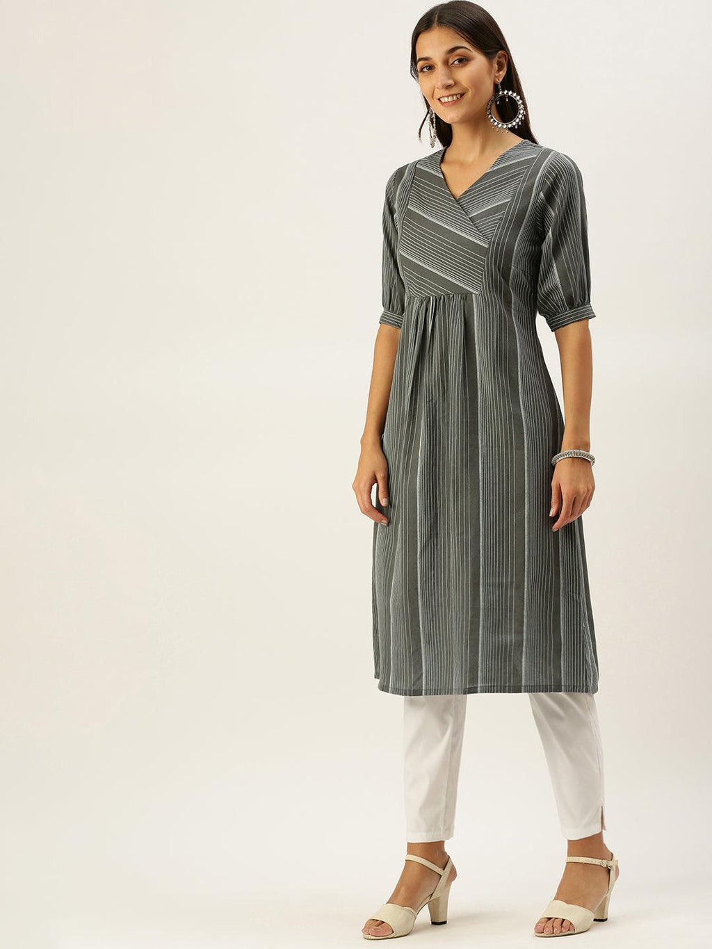 Vedic Women Grey Striped Kurta - Vedic Apparel Private Limited
