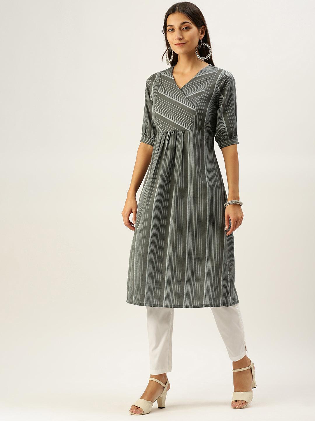 Vedic Women Grey Striped Kurta - Vedic Apparel Private Limited