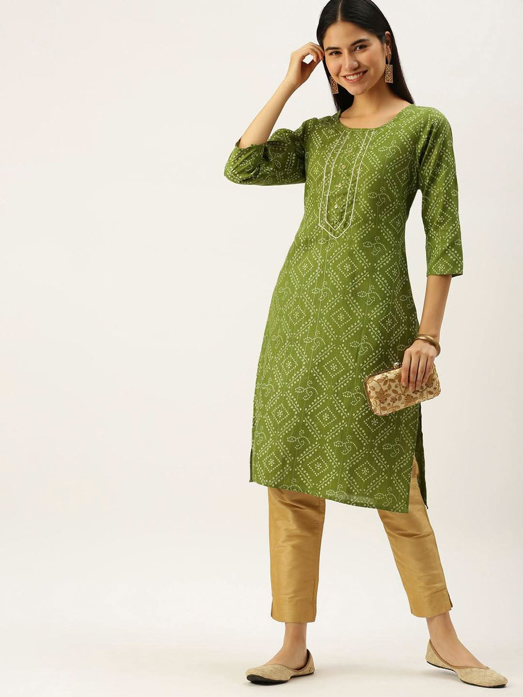 Vedic Women Green Bandhani Printed Gotta Patti Kurta - Vedic Apparel Private Limited