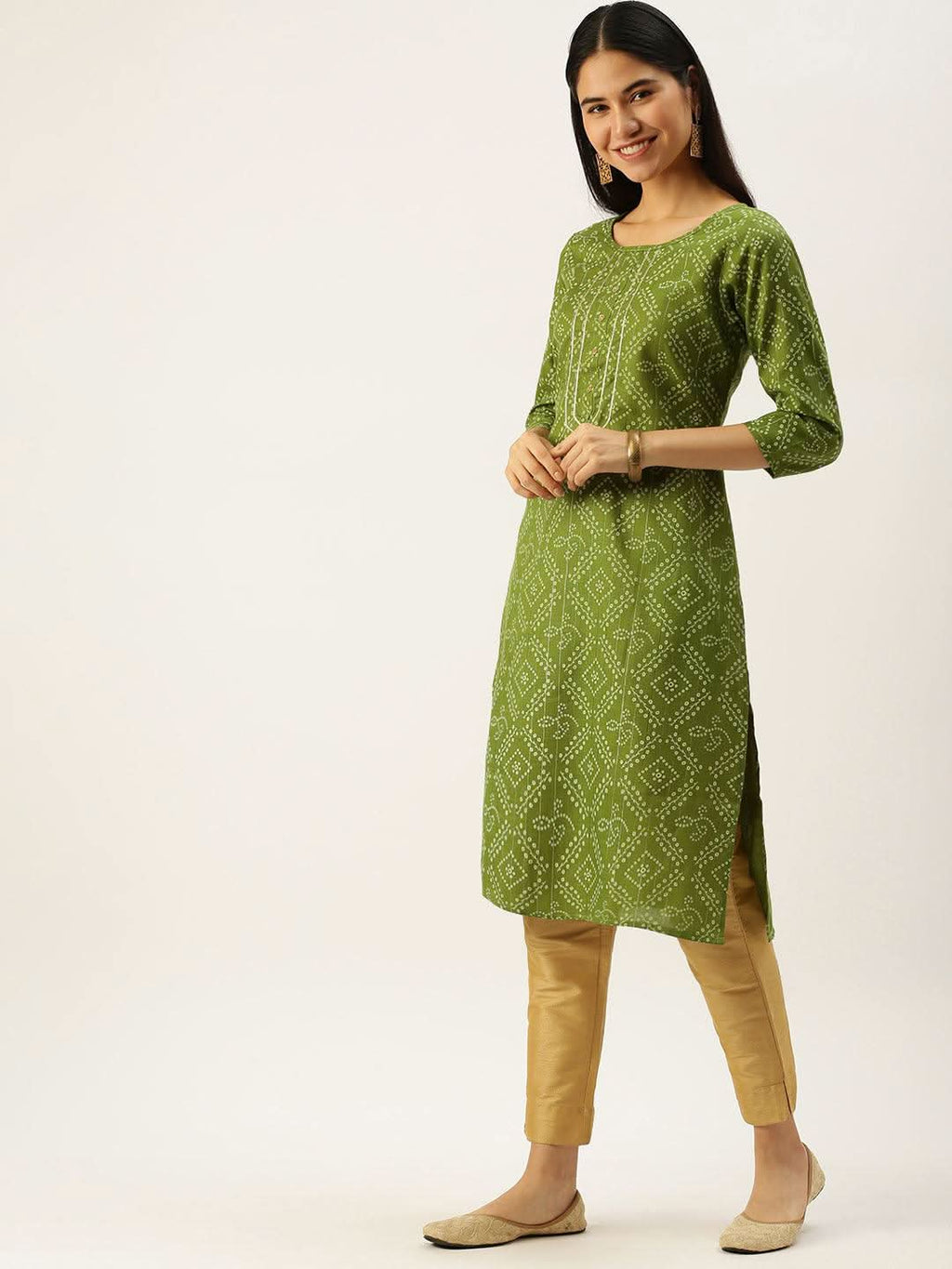 Vedic Women Green Bandhani Printed Gotta Patti Kurta - Vedic Apparel Private Limited