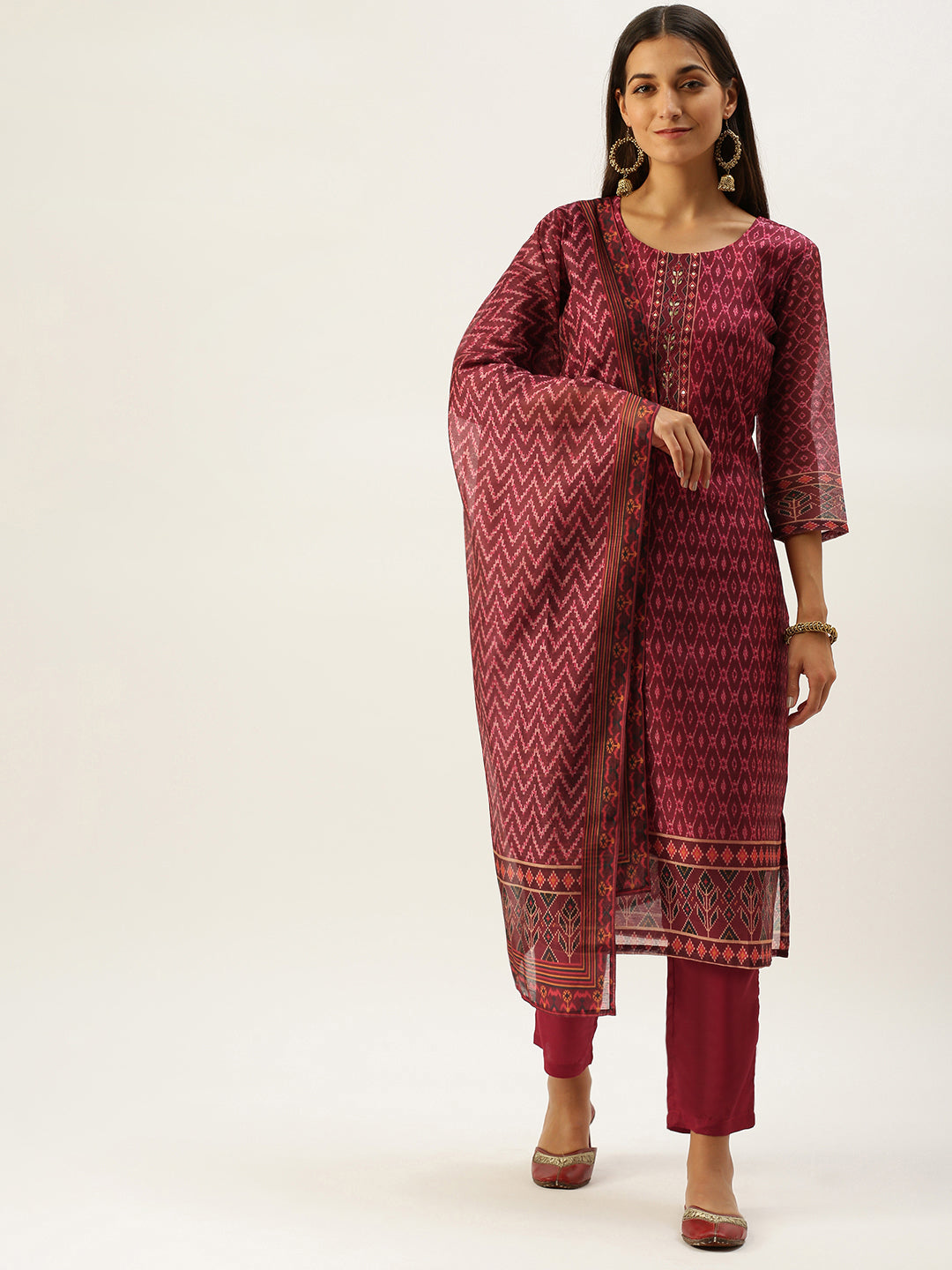 Vedic Women Maroon Ethnic Motifs Printed Sequinned Cotton Kurta with Trousers  Dupatta