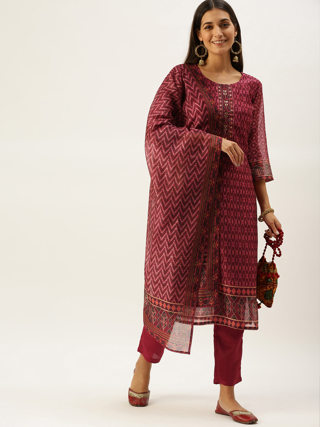 Vedic Women Maroon Ethnic Motifs Printed Sequinned Cotton Kurta with Trousers  Dupatta