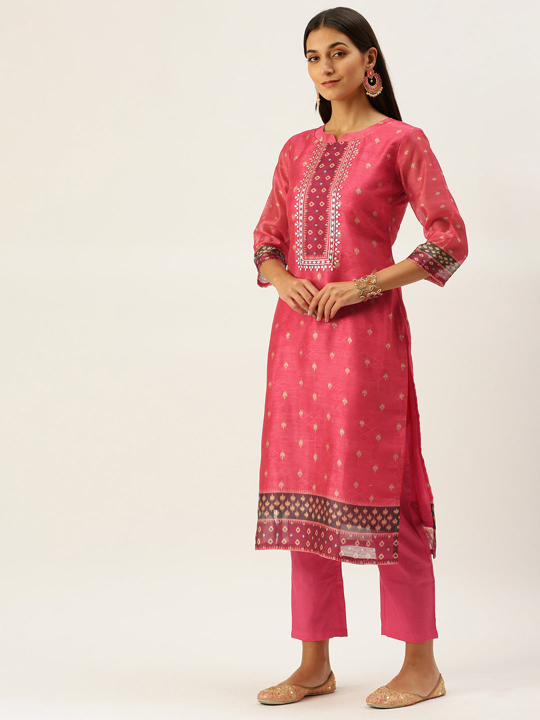 Vedic Women Pink Ethnic Motifs Printed Gotta Patti Pure Cotton Kurta with Trousers  With Dupatta