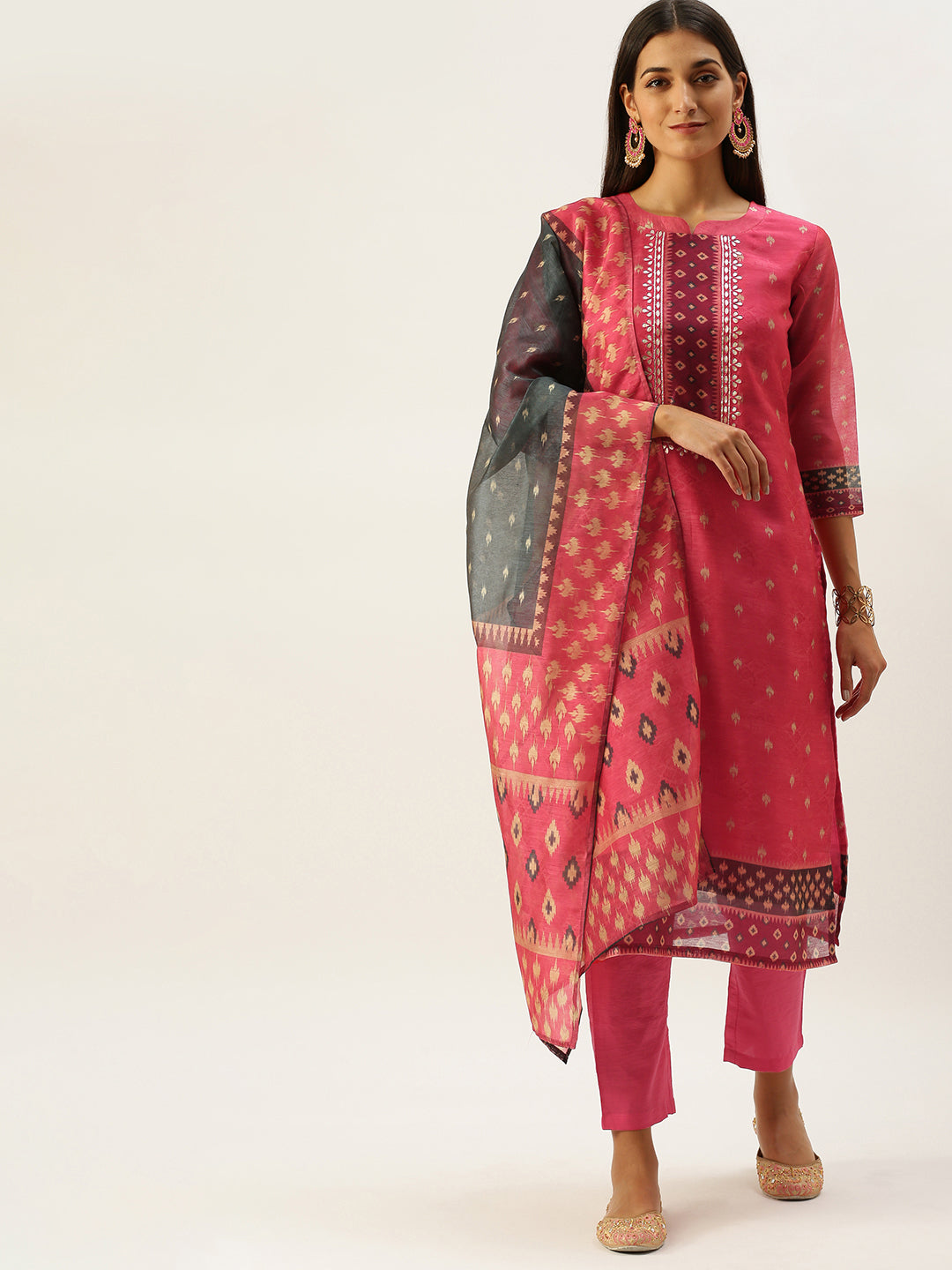Vedic Women Pink Ethnic Motifs Printed Gotta Patti Pure Cotton Kurta with Trousers  With Dupatta