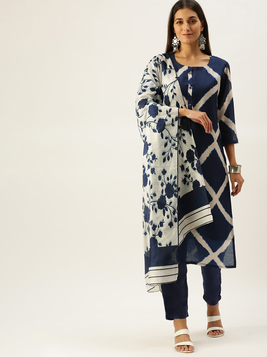 Vedic Women Blue Printed Pure Cotton Kurta with Trousers  With Dupatta