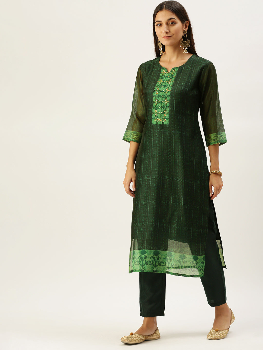 Vedic Women Green Ethnic Motifs Printed Beads and Stones Pure Cotton Kurta with Trousers  With Dupatta