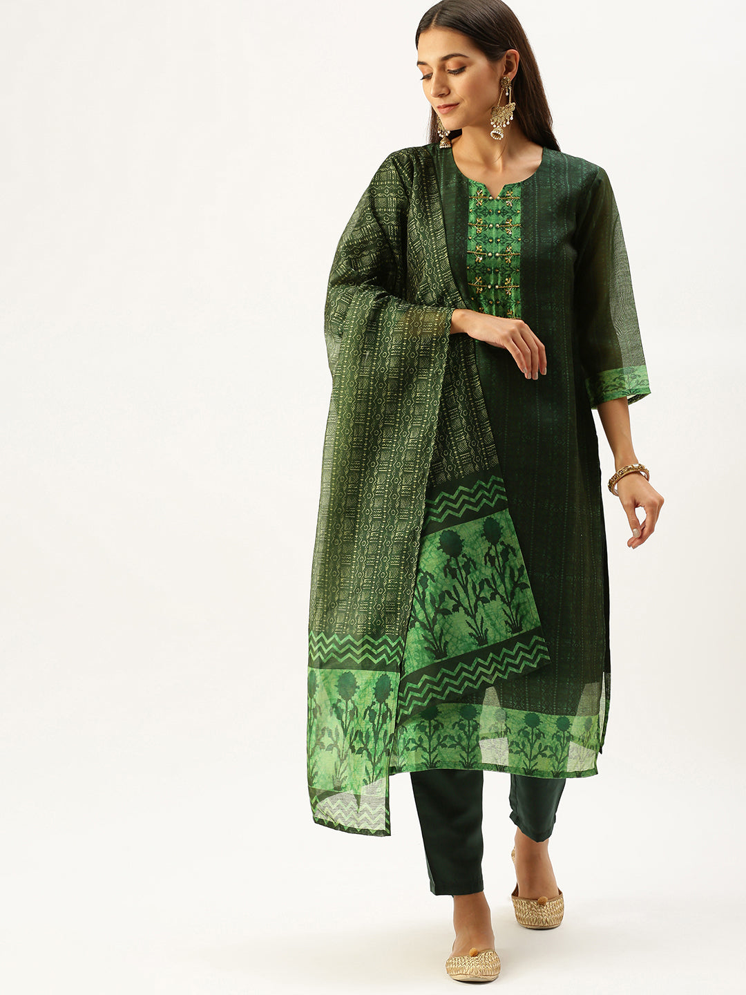 Vedic Women Green Ethnic Motifs Printed Beads and Stones Pure Cotton Kurta with Trousers  With Dupatta