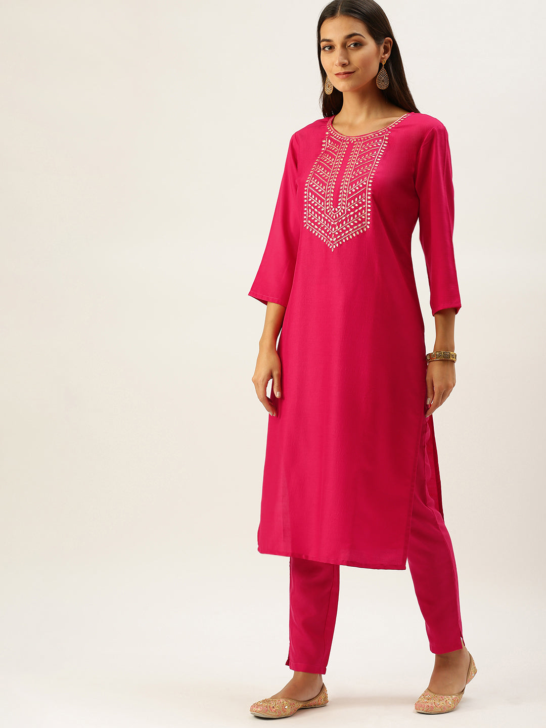 Vedic Women Pink Ethnic Motifs Yoke Design Gotta Patti Kurta with Trousers  With Dupatta