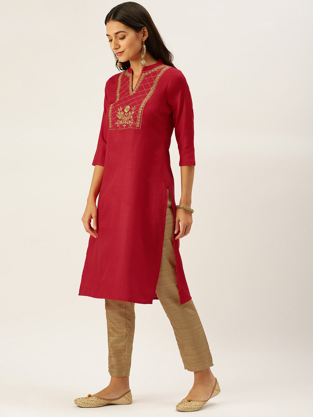 Vedic Women Red Ethnic Motifs Yoke Design Kantha Work Kurta with Trousers