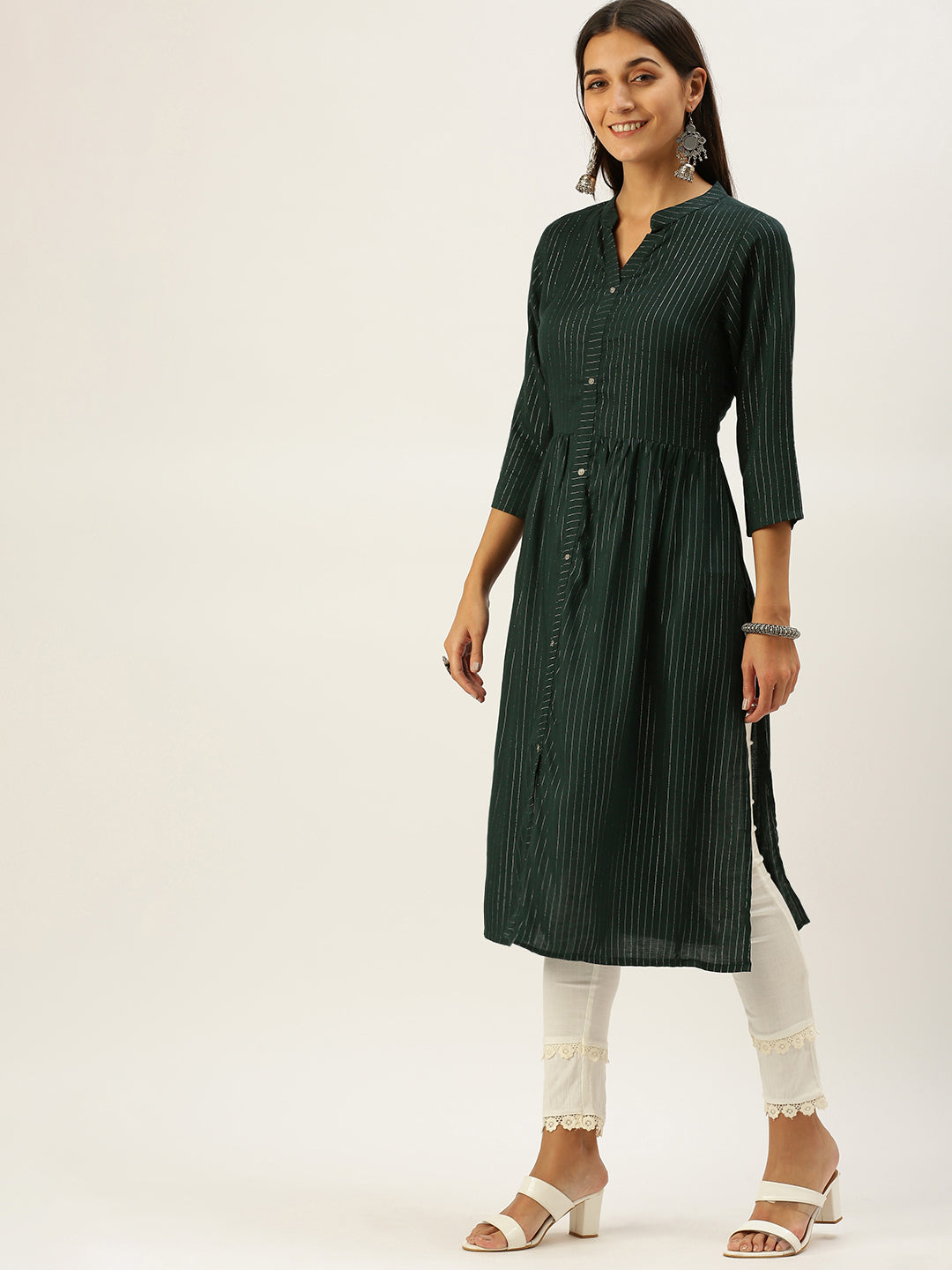 Vedic Women Green Striped Flared Sleeves Thread Work Kurta