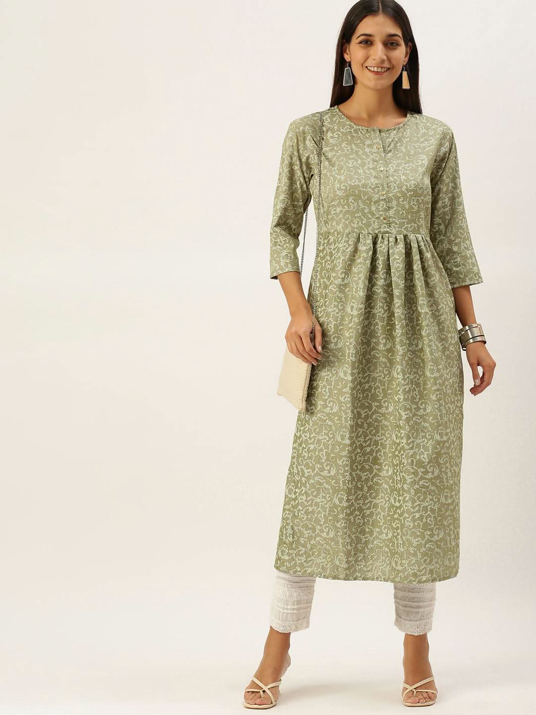 Vedic Women Olive Green Ethnic Motifs Printed Kurta - Vedic Apparel Private Limited