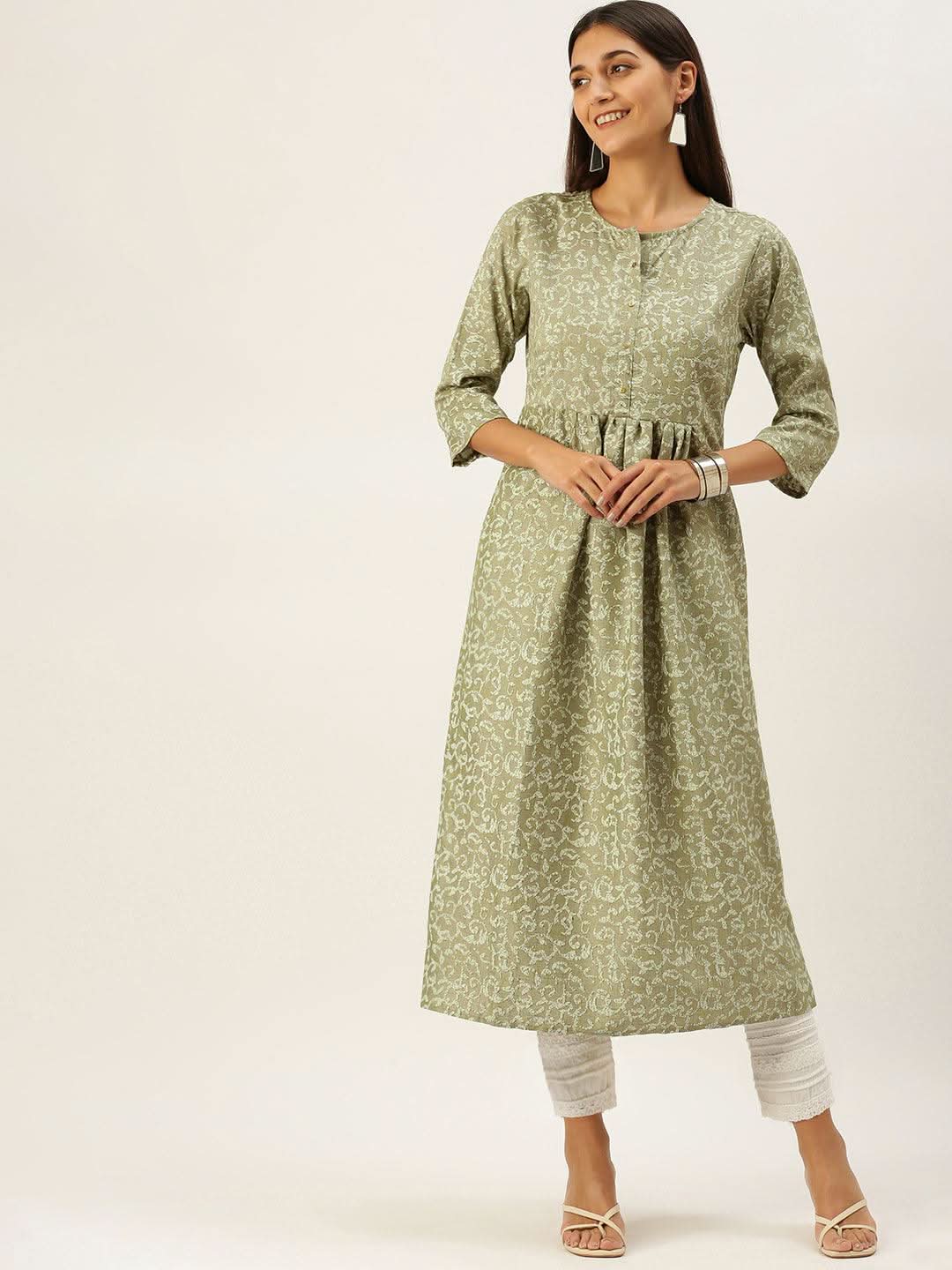Vedic Women Olive Green Ethnic Motifs Printed Kurta - Vedic Apparel Private Limited