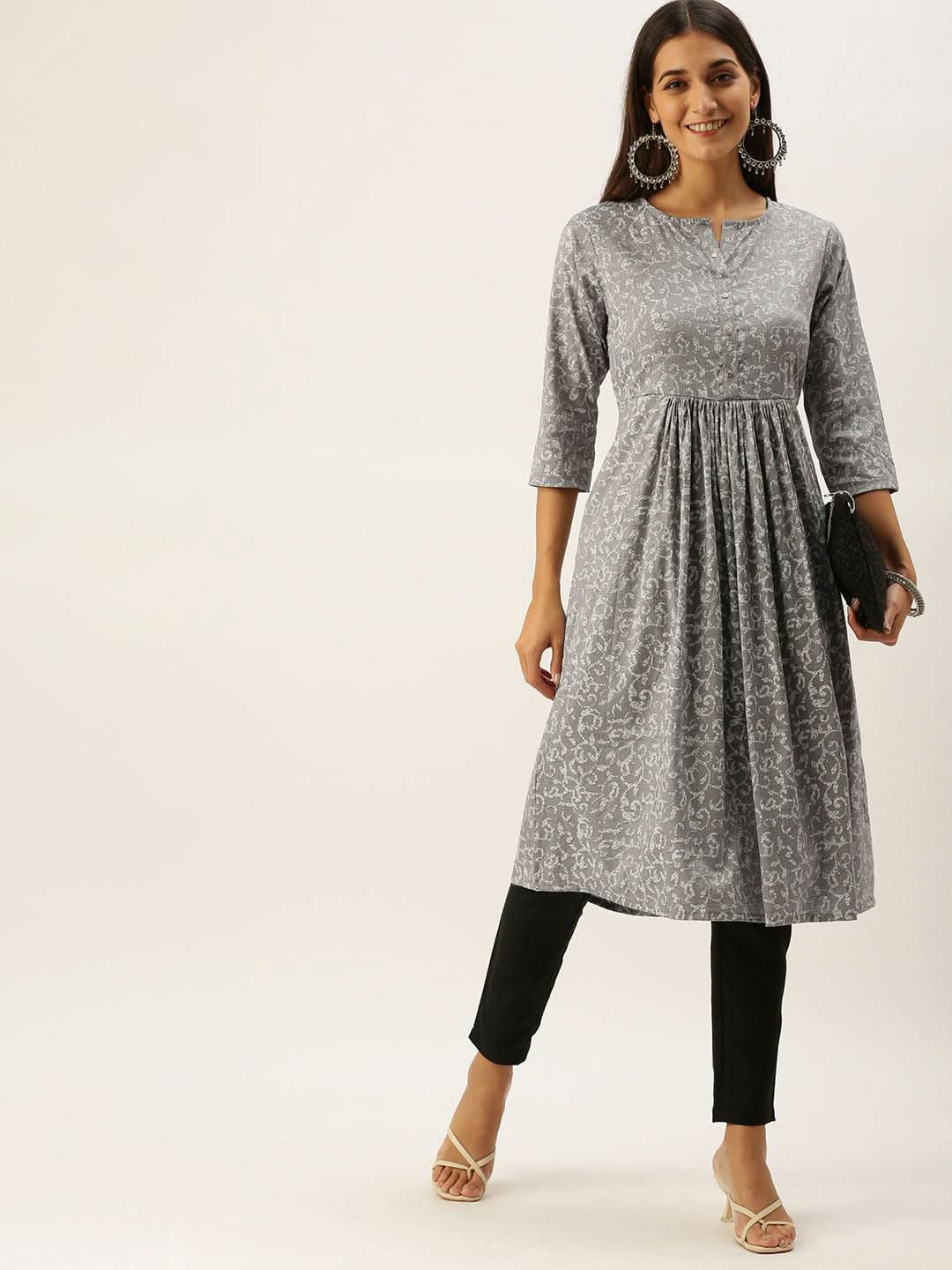 Vedic Women Grey Ethnic Motifs Printed Kurta - Vedic Apparel Private Limited