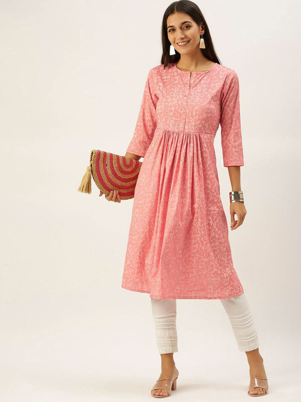 Vedic Women Peach-Coloured Ethnic Motifs Printed Anarkali Kurta