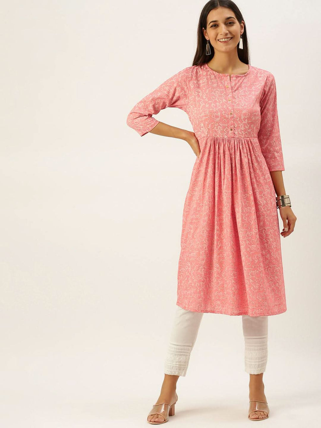 Vedic Women Peach-Coloured Ethnic Motifs Printed Anarkali Kurta - Vedic Apparel Private Limited