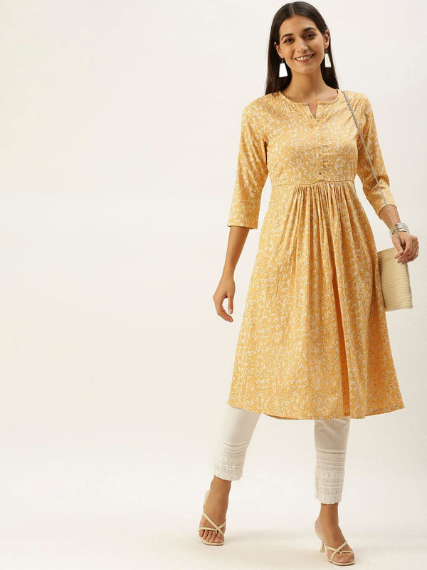 Vedic Women Yellow  Off White Ethnic Motifs Printed Anarkali Kurta