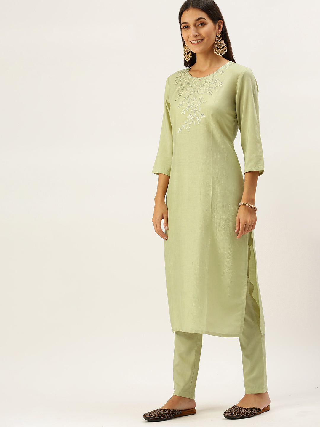 Vedic Women Green Floral Yoke Design Gotta Patti Kurta with Trousers  With Dupatta