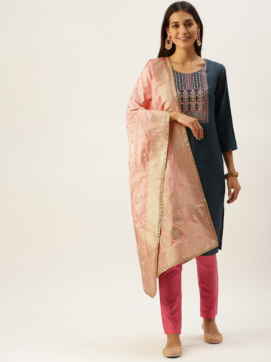 Vedic Women Teal Ethnic Motifs Yoke Design Thread Work Kurta with Trousers  With Dupatta
