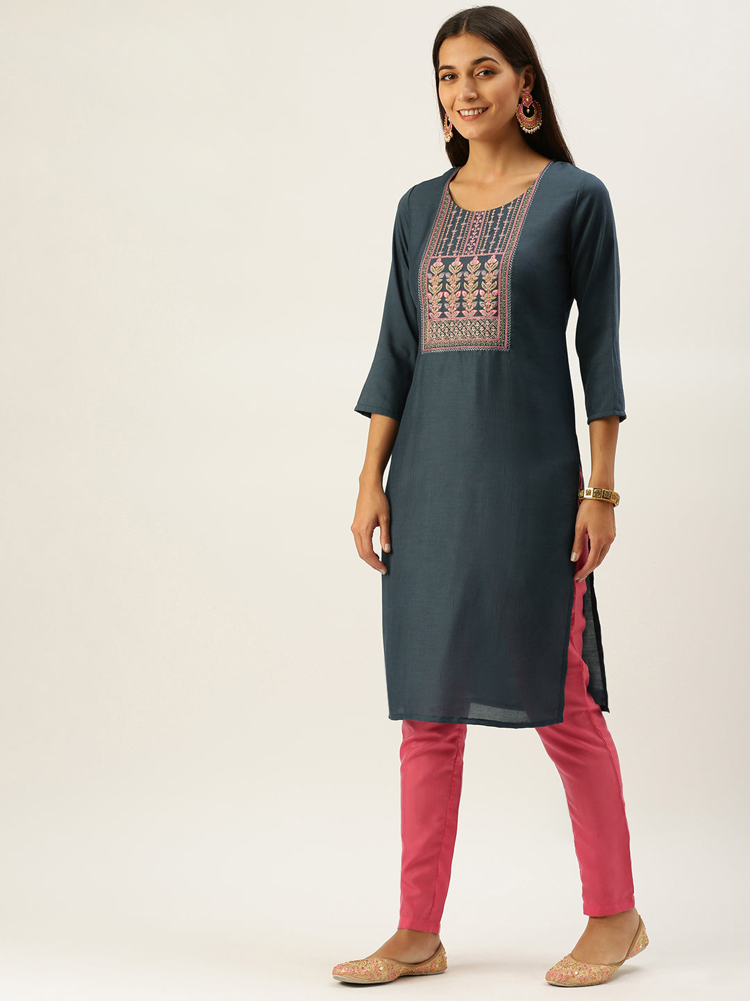 Vedic Women Teal Ethnic Motifs Yoke Design Thread Work Kurta with Trousers  With Dupatta