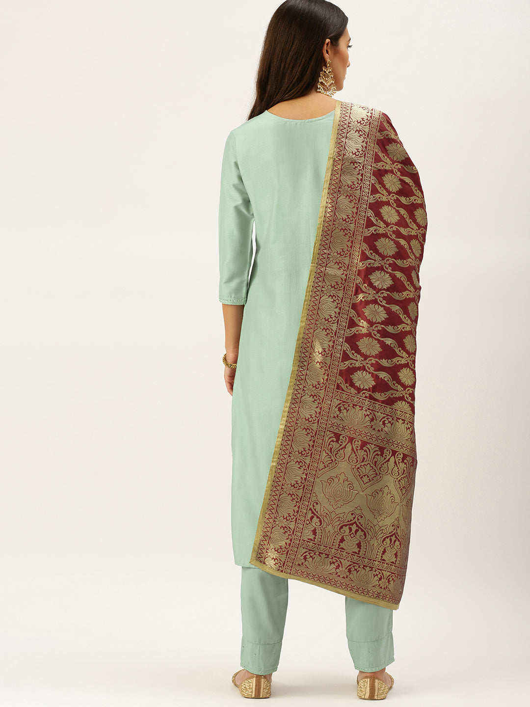 Vedic Women Sage Green Yoke Design Sequinned Kurta with Trousers  Dupatta