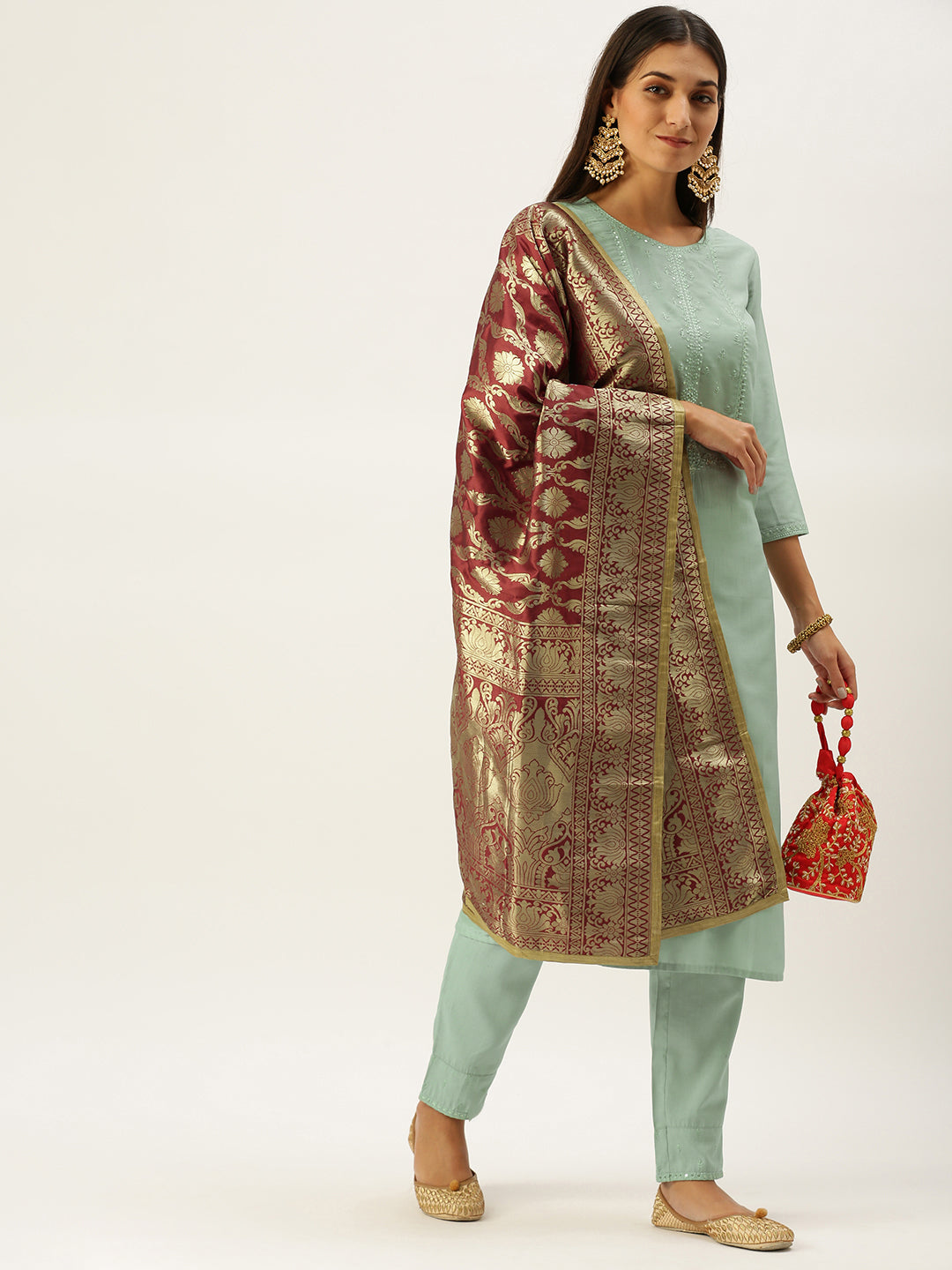 Vedic Women Sage Green Yoke Design Sequinned Kurta with Trousers  Dupatta