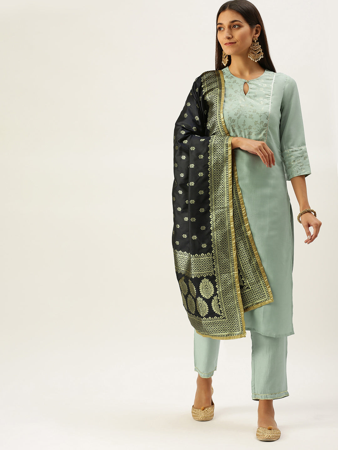 Vedic Women Sage Green Ethnic Motifs Yoke Design Gotta Patti Kurta with Trousers  Dupatta