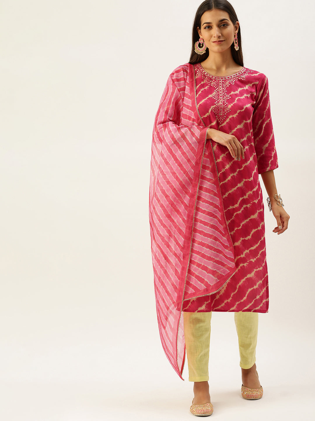 Vedic Women Pink Striped Gotta Patti Pure Cotton Kurta with Trousers  Dupatta