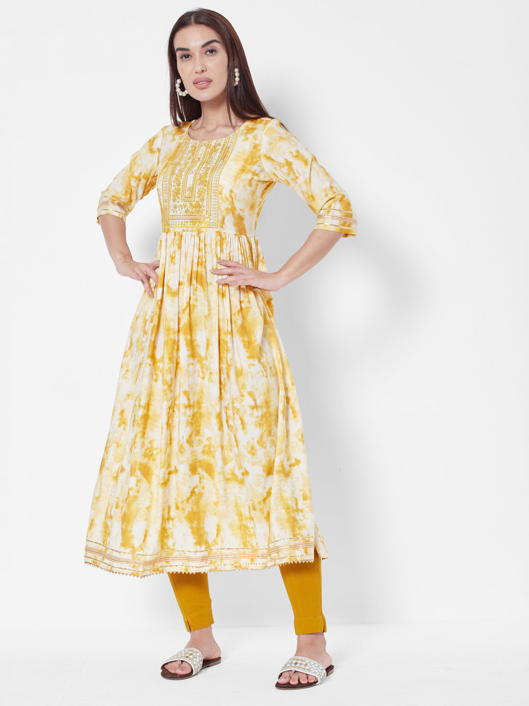 Vedic Women Yellow Floral Dyed Pleated Chanderi Silk Kurta with Trousers