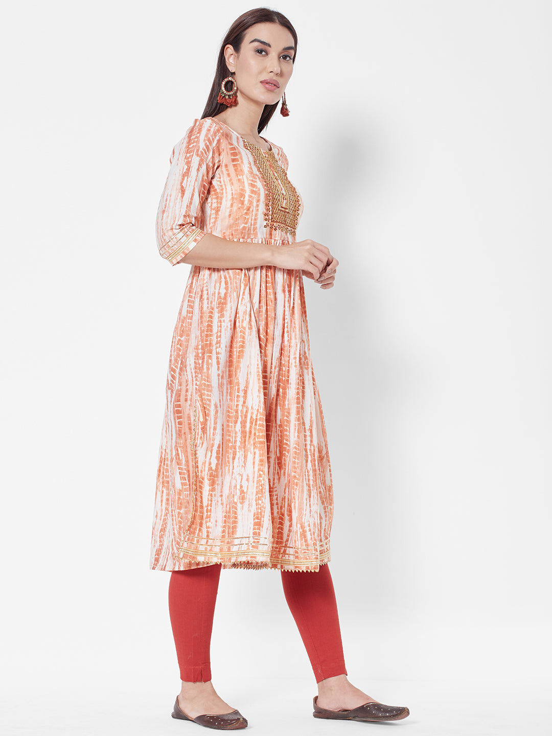 Vedic Women Orange Dyed Empire Thread Work Chanderi Silk Kurta with Leggings