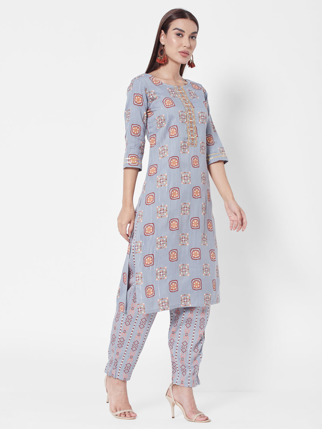 Vedic Women Blue Printed Liva Kurta with Trousers