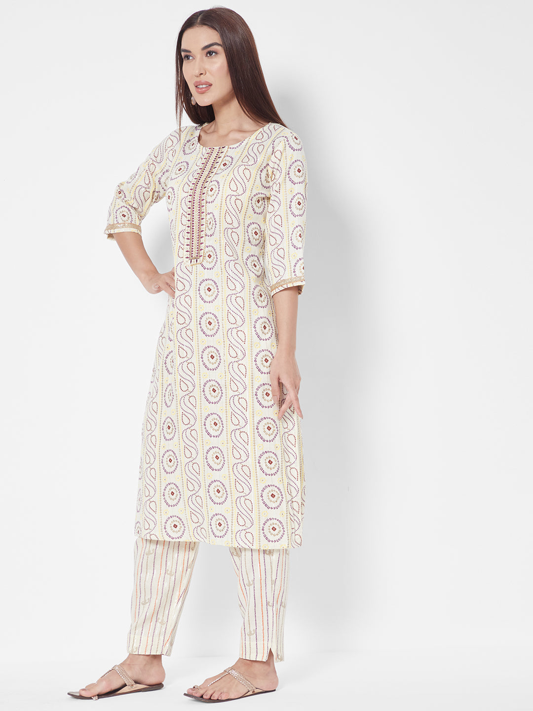 Vedic Women Cream-Coloured Floral Printed Liva Kurta with Trousers