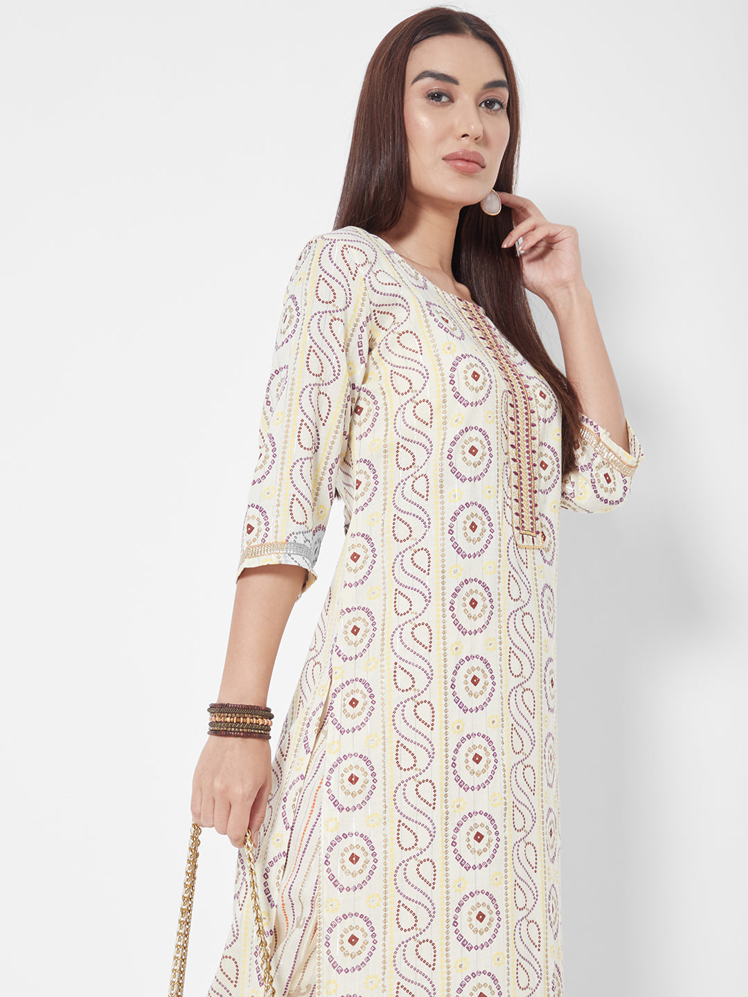 Vedic Women Cream-Coloured Floral Printed Liva Kurta with Trousers