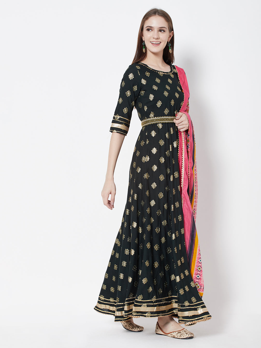 Vedic Women Green Ethnic Motifs Embroidered Gown with dupatta