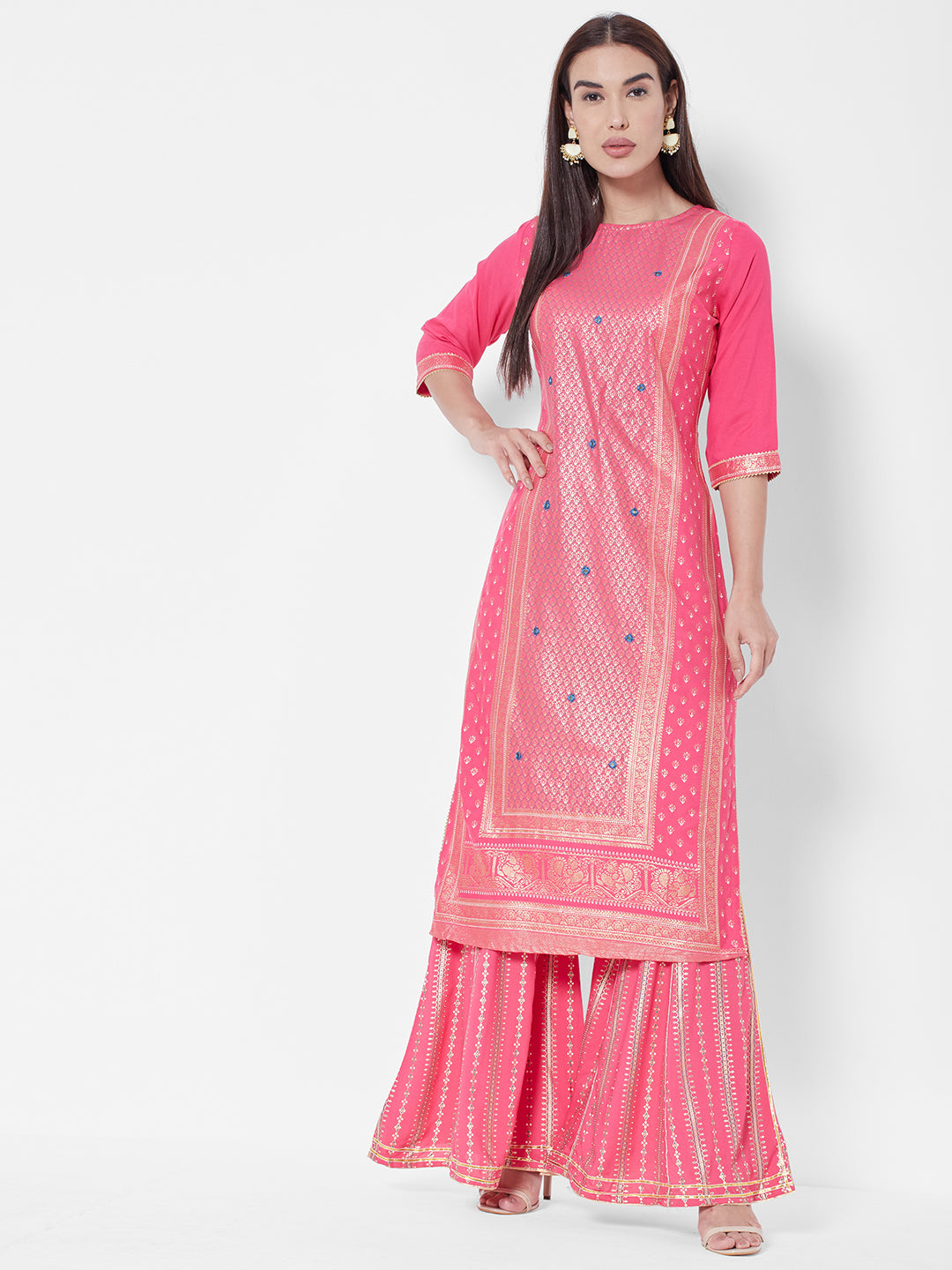 Vedic Women Pink Floral Woven Design Kurta with Sharara