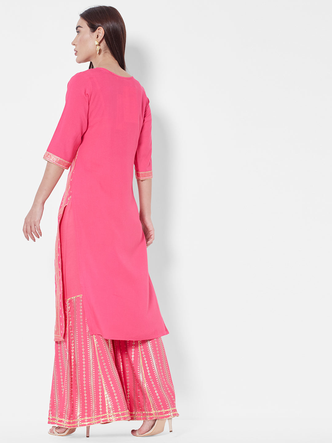 Vedic Women Pink Floral Woven Design Kurta with Sharara